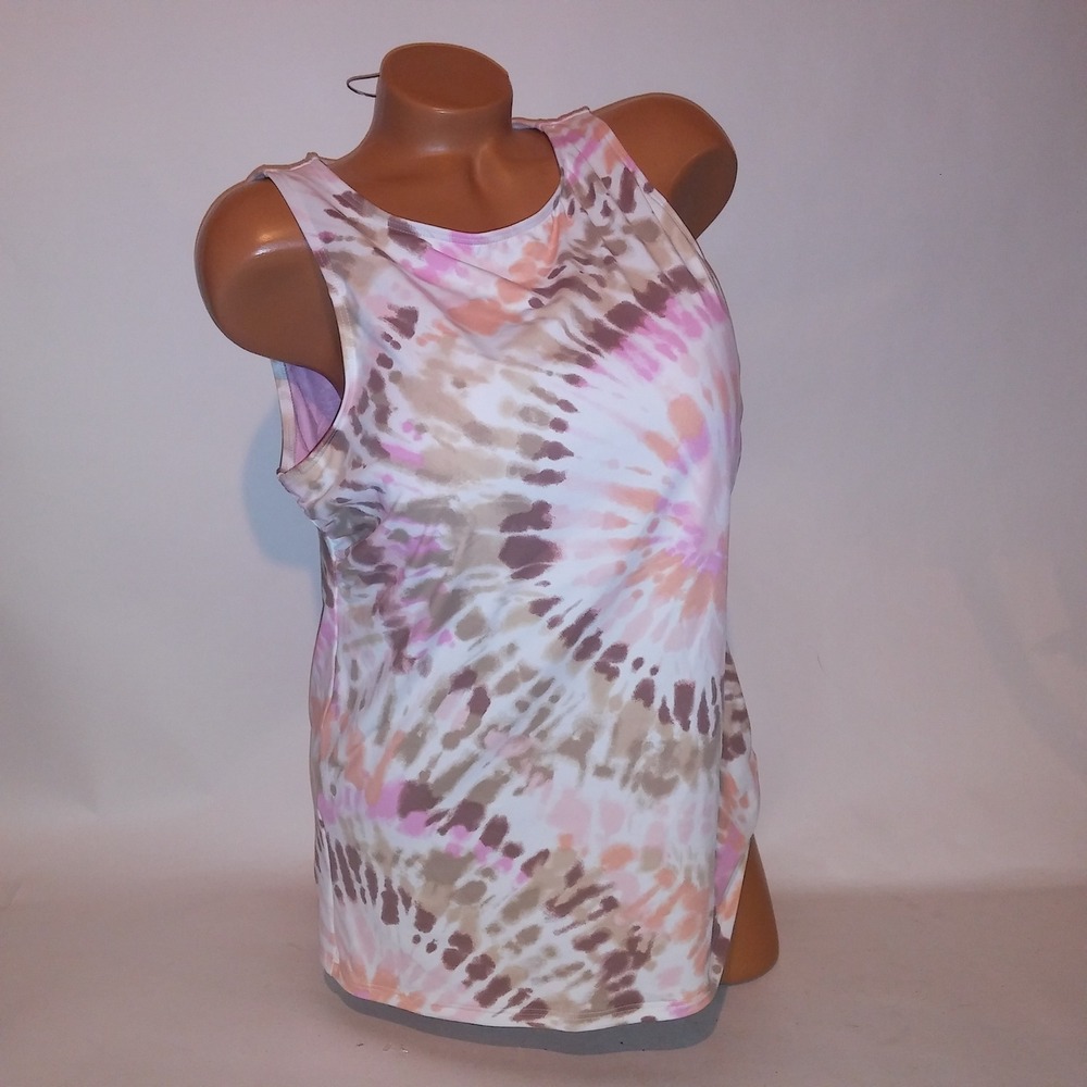 Lands' End Swim Top Tankini Tank Size 16 Pink White Beige Tie Dye Lightly Lined